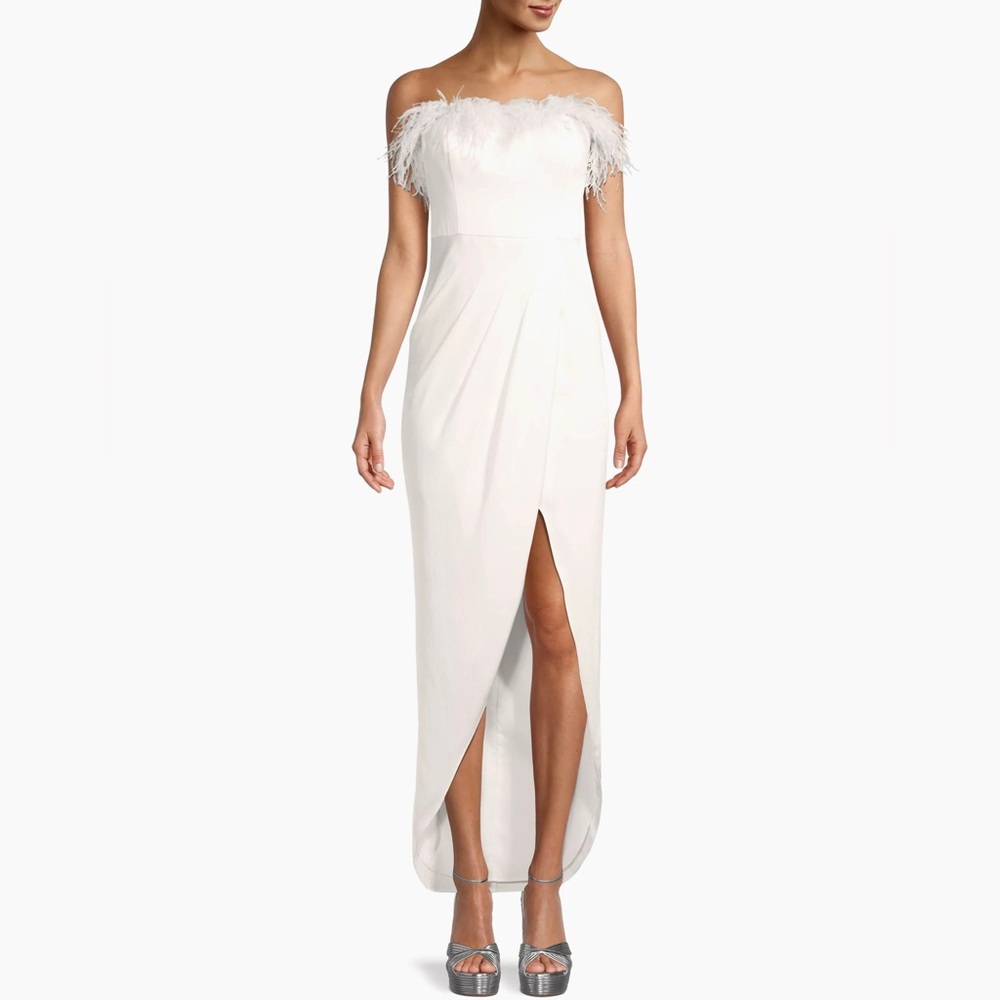 Aidan Mattox Feather Trim High Low Strapless Dress